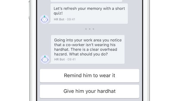 Chabot being used on mobile device for a follow-up quiz after safety training.