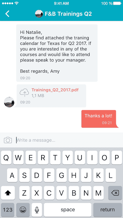 Screenshot of a mobile device showing HR materials being shared with an employee through group messaging.