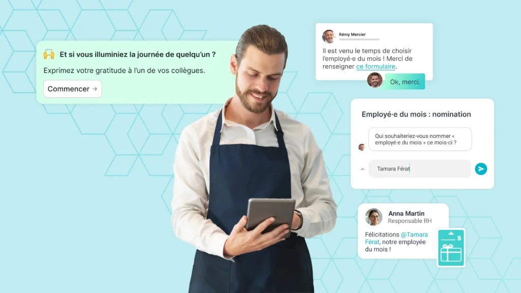 A man wearing an apron looks at a tablet, with French text message bubbles about employee appreciation and employee of the month displayed around him on a blue background.