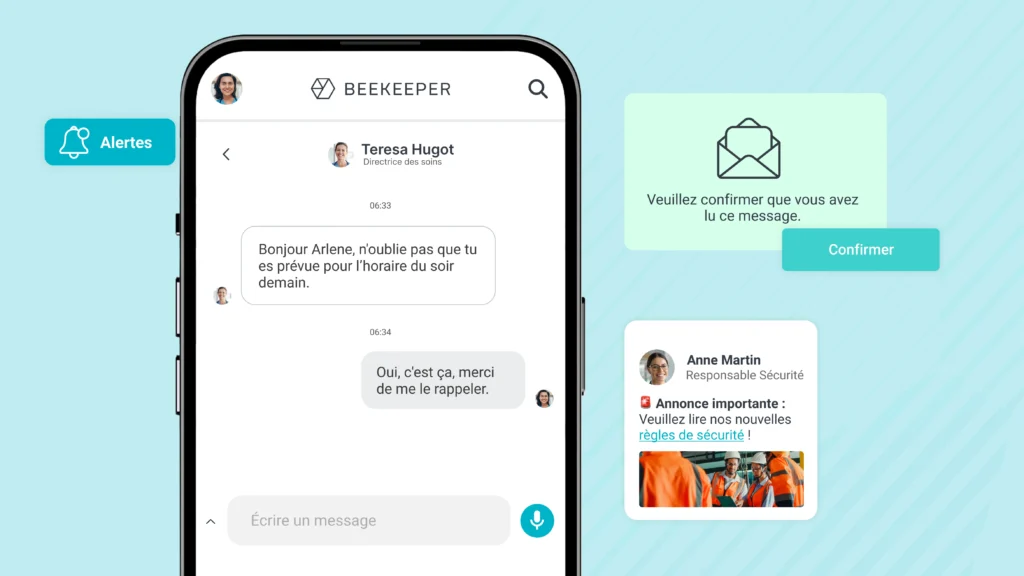 A smartphone screen shows a messaging app with a conversation in French, security alerts, and a request to confirm message receipt.