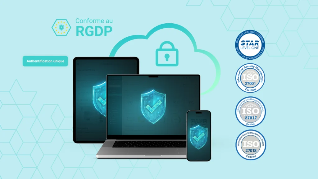 Multiple electronic devices display a digital shield icon, with cybersecurity certifications and GDPR compliance badges shown on the side.