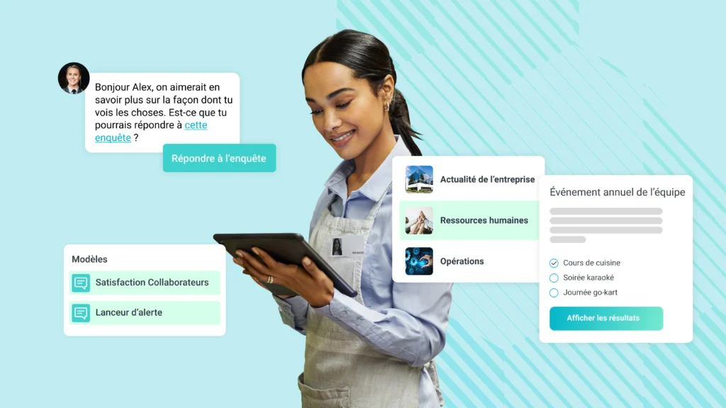 A woman in an apron uses a tablet touchscreen. Overlays show workplace survey messages, company news, HR, operations, events, and feedback tools in French.